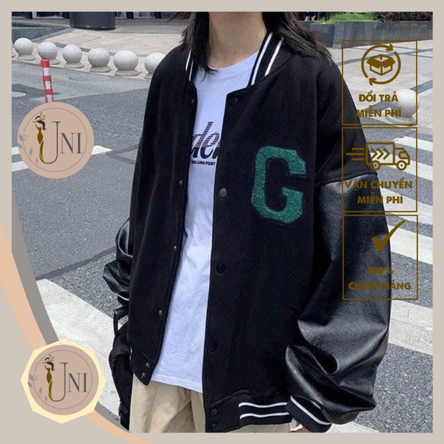 Áo Bomber Chữ G Xanh Chất Liệu Nỉ Cotton Phối Da Tay Hot Trend Mã 258 UN STORE