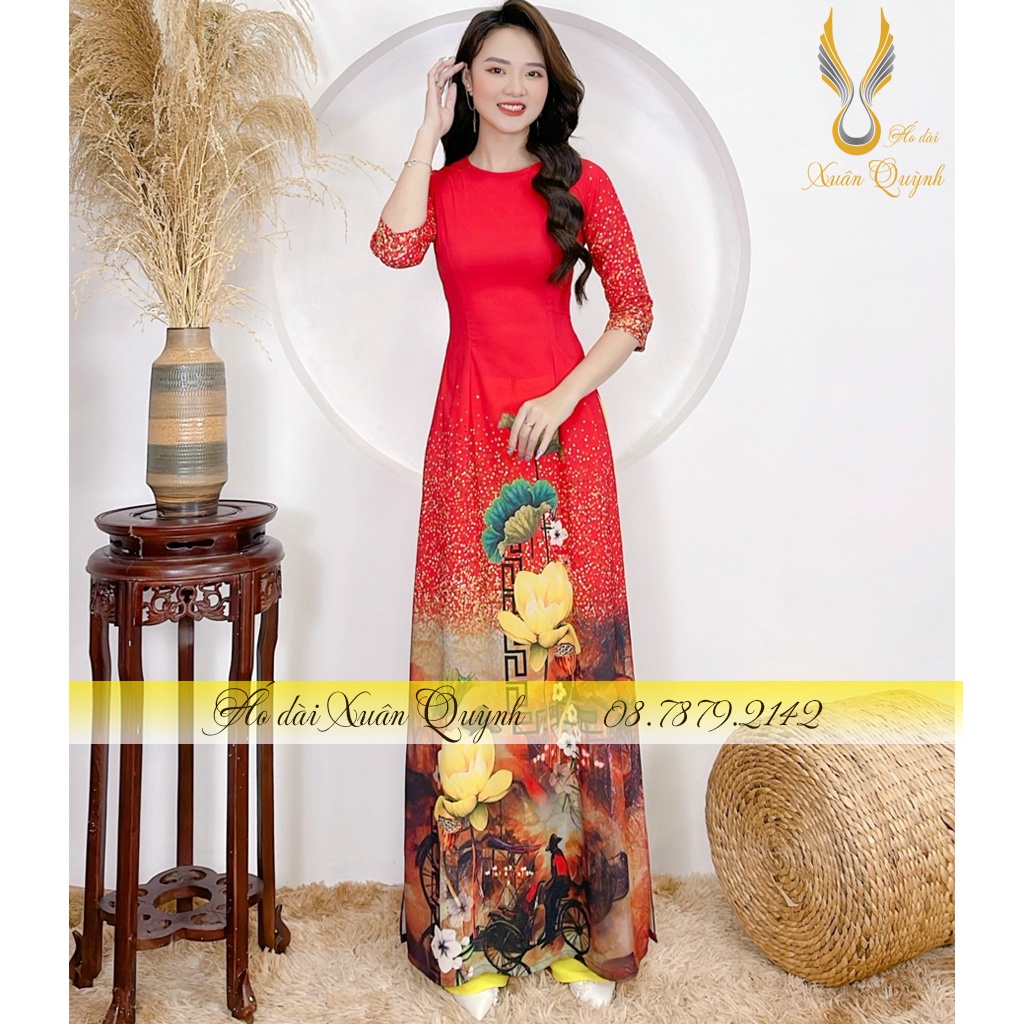 Áo Dài Truyền Thống Hoa Sen, Duyên Dáng Thanh Lịch Sang Trọng Lụa Habutai - Áo Dài Xuân Quỳnh