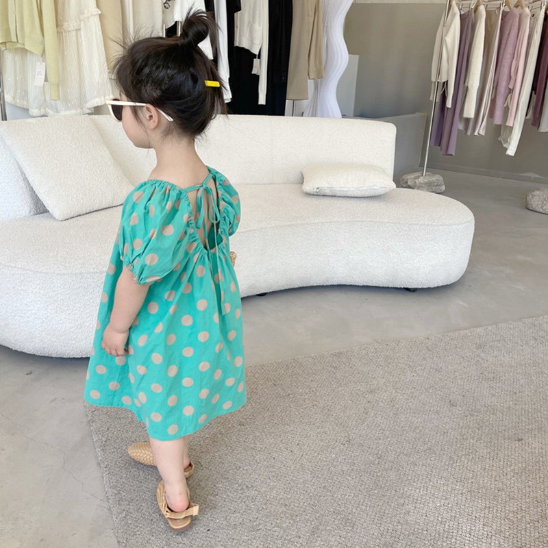 Đầm Công Chúa Tay Phồng Thắt Nơ Họa Tiết Chấm Bi Phong Cách Phương Tây Dễ Thương Dành Cho Bé Gái
