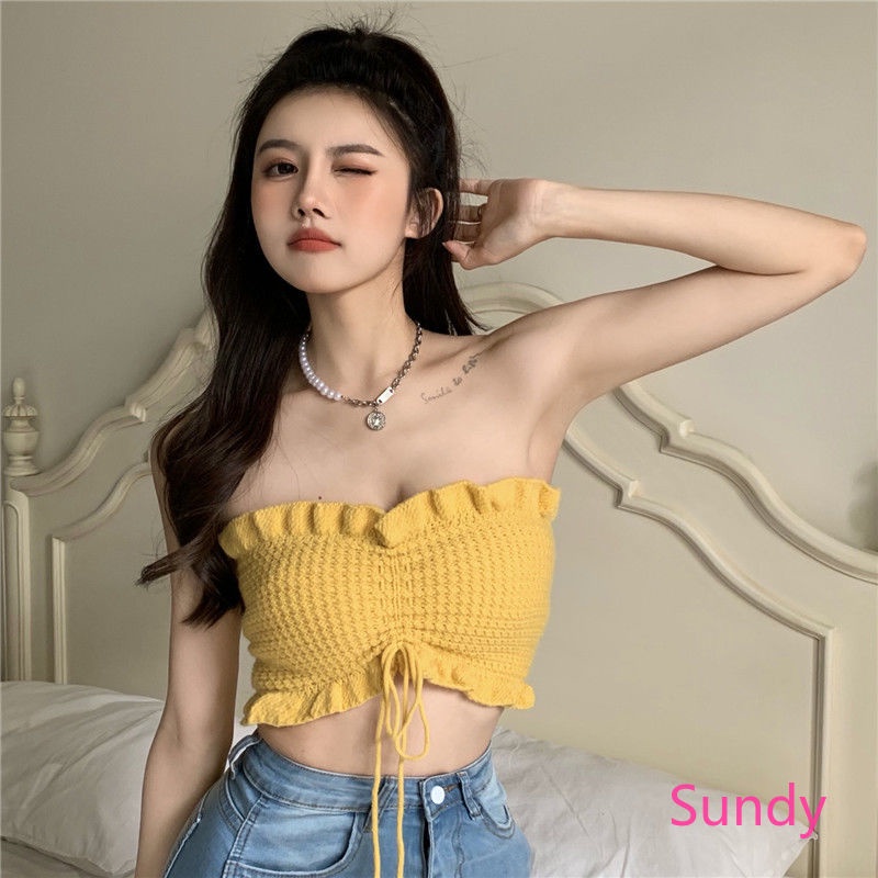 Áo Ống Dệt Kim Phối Dây Rút Thời Trang Mùa Hè Quyến Rũ Cho Nữ