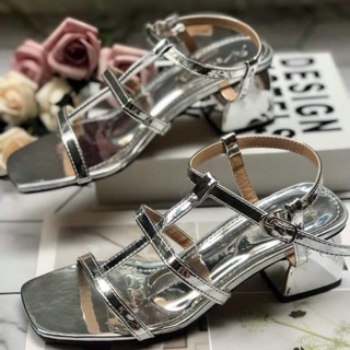 Sandal chiến binh metalic gót vuông