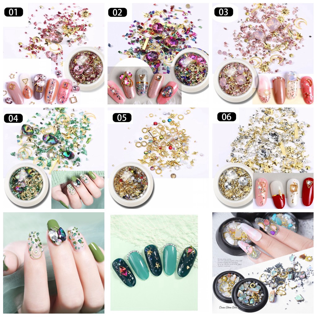 Hộp phụ kiện đá giả kim cương và vỏ sò 3D lưng phẳng nhiều màu lấp lánh dùng cho làm móng nghệ thuật