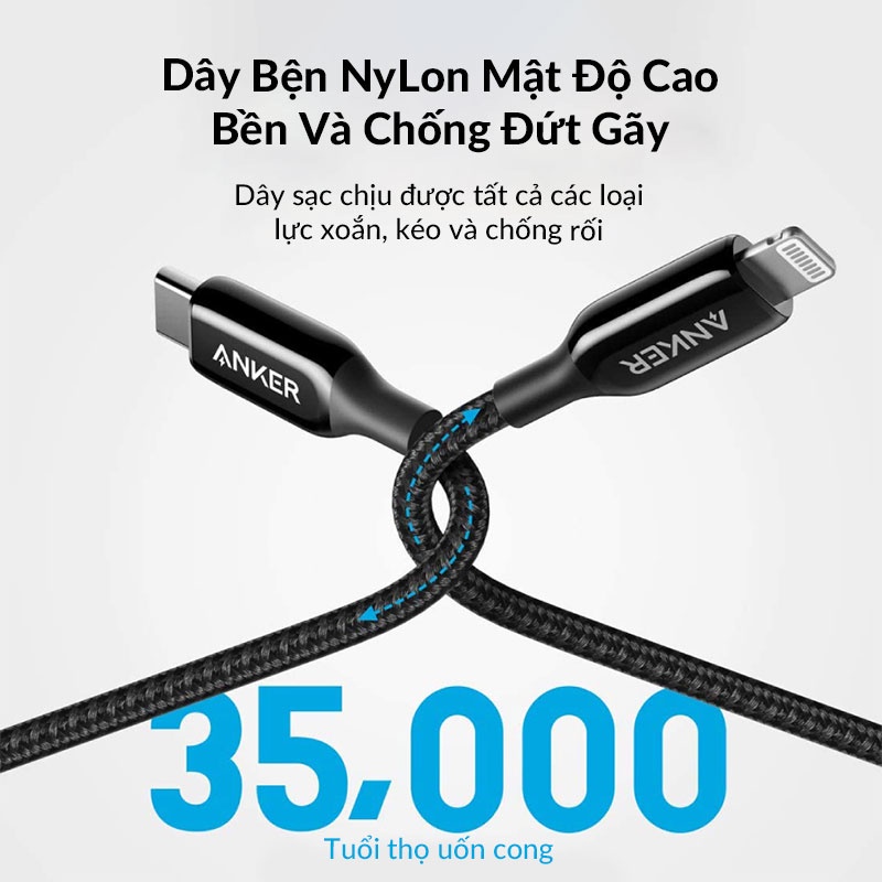 Dây Cáp Sạc Nhanh iPhone PD 20W ANKER PowerLine+ III - A8843, MFI Certification, Dây Dài 1.8m, Bện Nylon, Chống Gãy Cáp