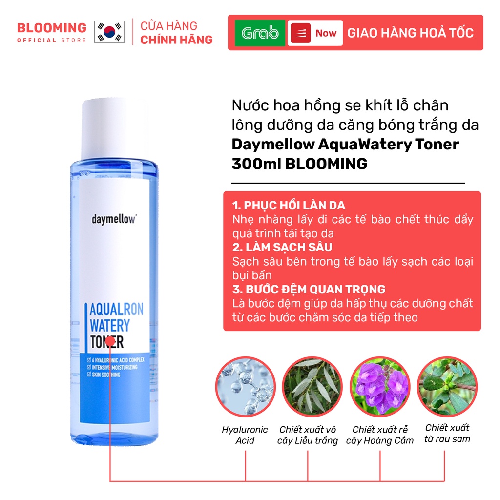 Nước cân bằng da se khít lỗ chân lông dưỡng da căng bóng trắng da Daymellow AquaronWatery Toner 300ml BLOOMING