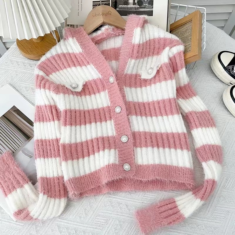 Áo Khoác Len cardigan Mềm Mại Họa Tiết Kẻ Sọc Ngọt Ngào Thời Trang Mùa Đông Cho Nữ