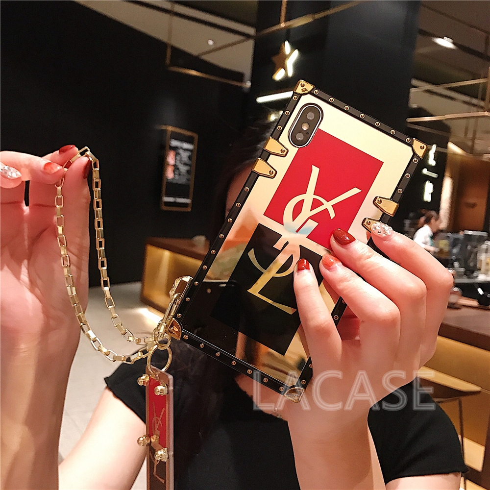 Ốp điện thoại hình vuông in logo YSL + dây đeo sợi xích cho IPHONE 11 PRO MAX X XS XR XSMAX 8 7 6 6S PLUS SE 2020