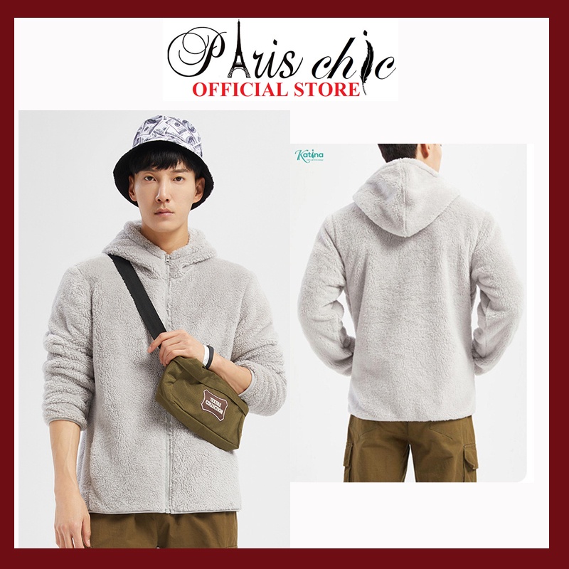 Áo khoác lông cừu PARIS nam có mũ, áo lông cho nam nhiều màu có khóa kéo mặc mùa đông chất liệu siêu ấm và bền màu