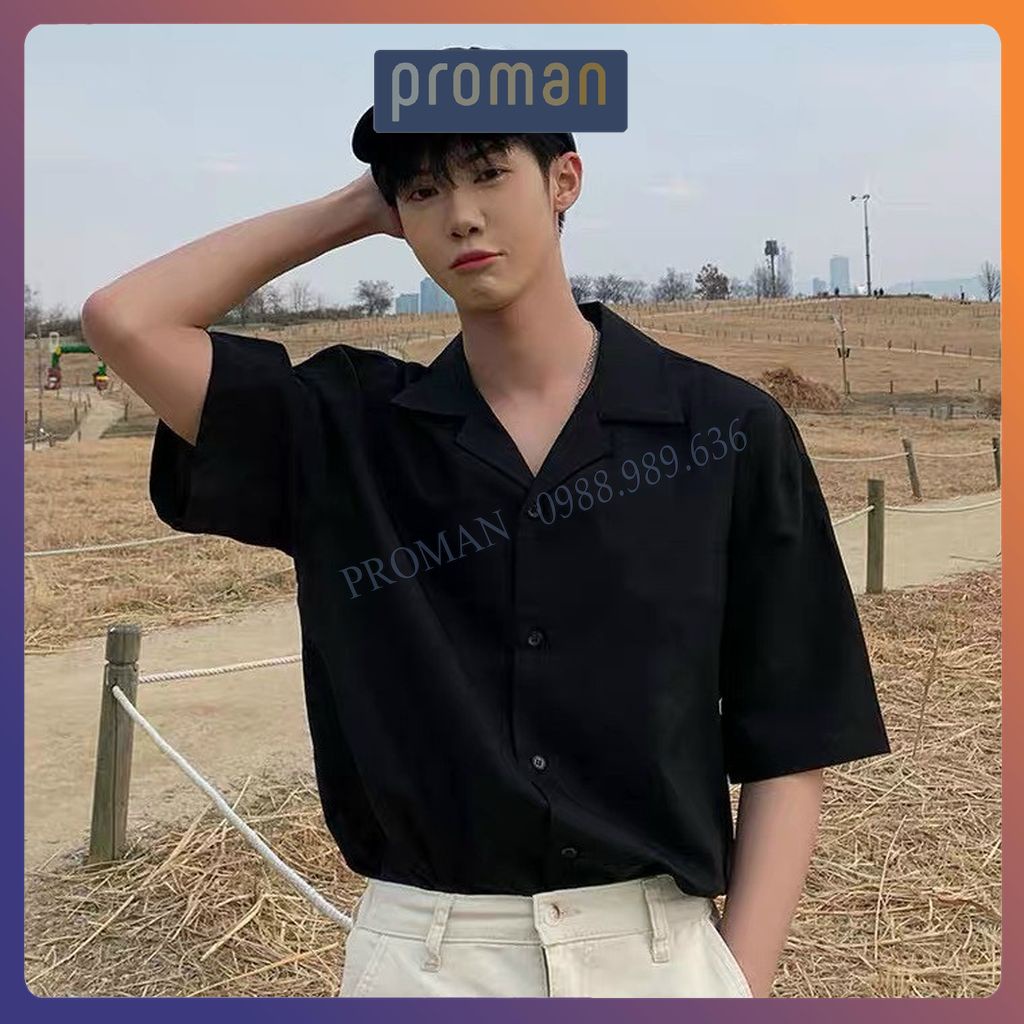 Áo Sơ Mi Đen Trắng Cổ Vest ngắn tay form rộng unisex nam nữ vải lụa siêu mát lạnh SM01- MS66