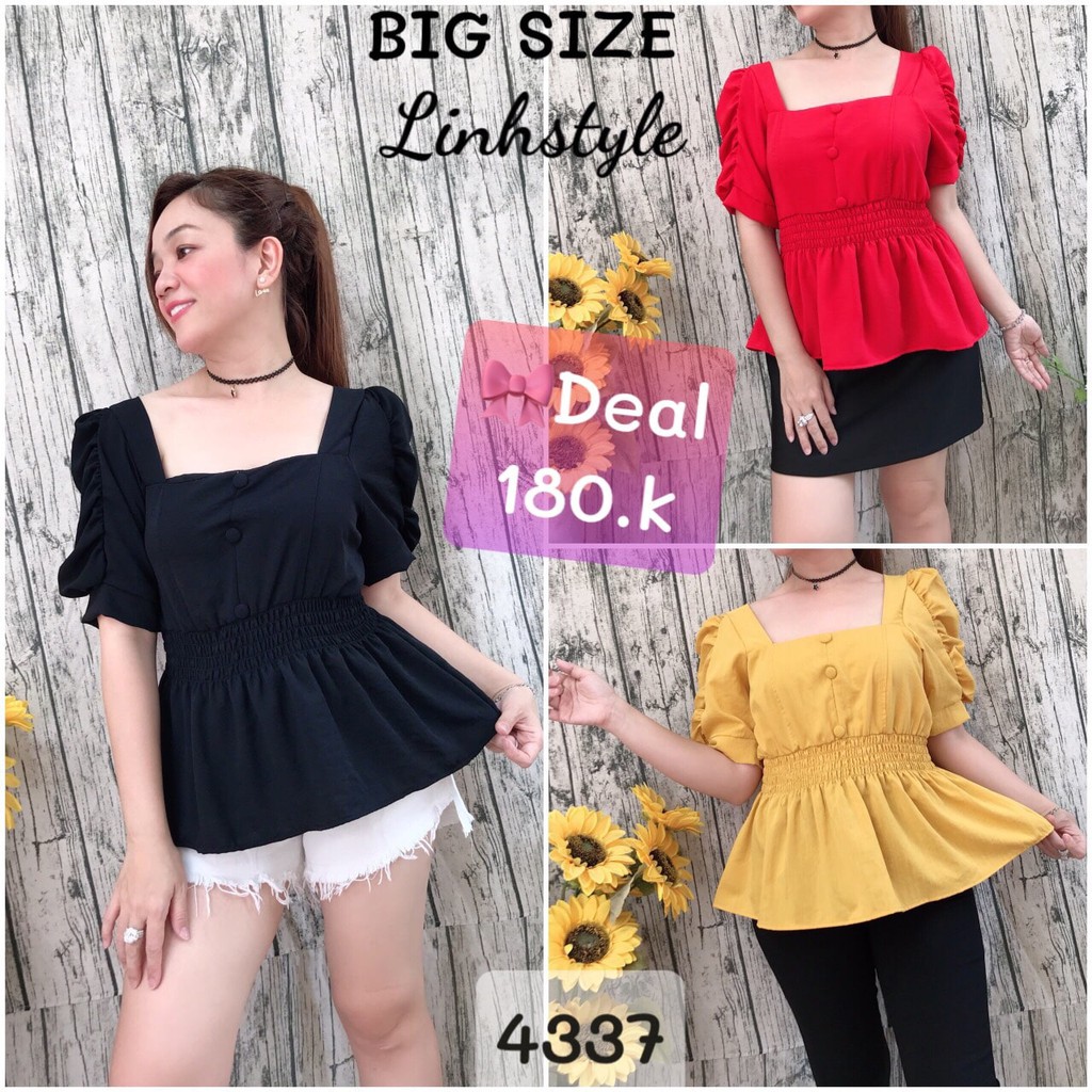 4337 - Đỏ-xl,2x/Đen-2x -  Áo BIG SIZE peplum tay phồng