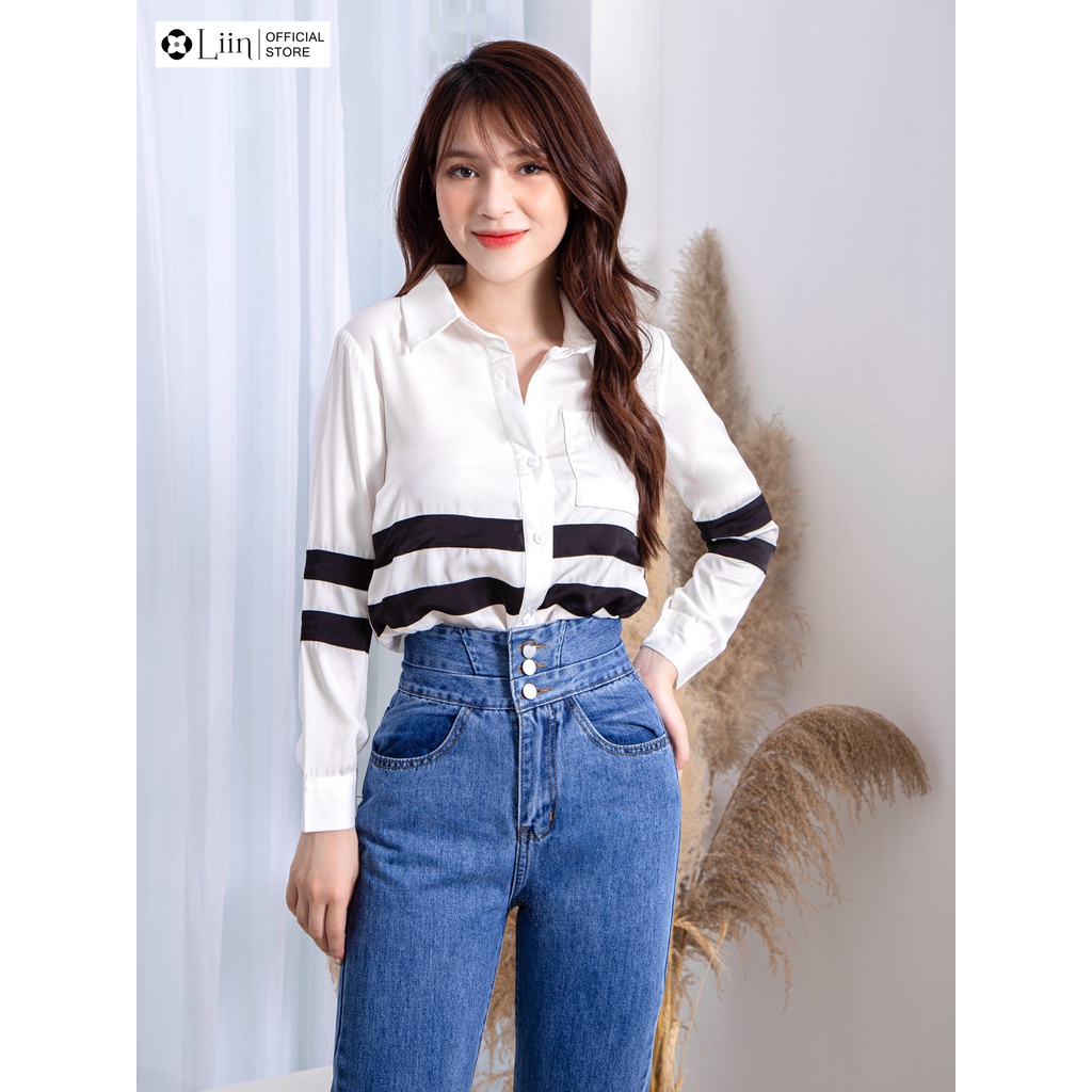 Áo sơ mi nữ công sở màu Trắng phối 2 Sọc Đen cá tính Liin Clothing SM3300