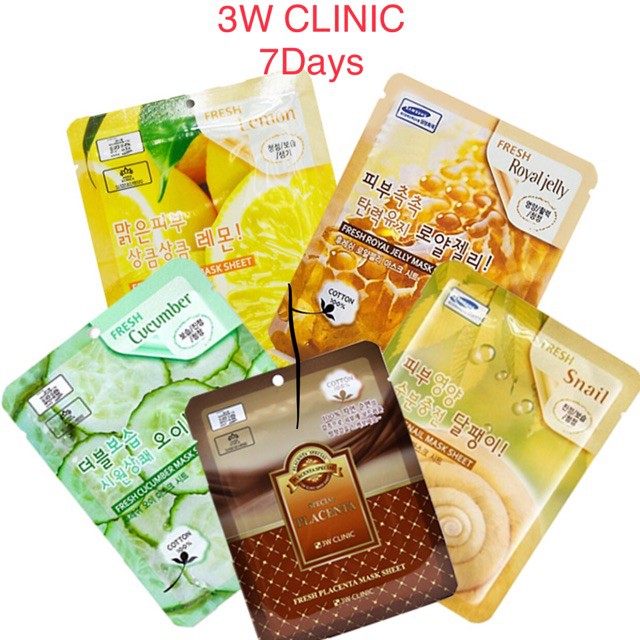 COMBO 10 MẶT NẠ 3W CLINIC 5 LOẠI CHIẾT XUẤT CHANH TƯƠI, DƯA LEO, NHAU CỪU, ỐC SÊN , SỮA ONG CHÚA 3W CLINIC MASK SHEET