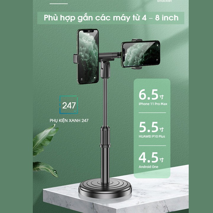 Giá đỡ 2 điện thoại livestream MỚI NHẤT, giá đỡ kẹp điện thoại đôi DK098 CAO CẤP để bàn, gấp gọn siêu tiện dụng