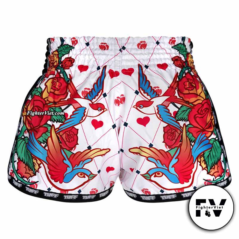 Quần TUFF Muay Thai Boxing Shorts White Retro Style - Hoa Hồng Trắng