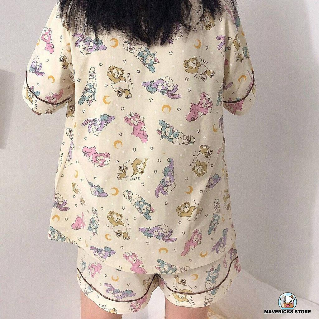 Bộ đồ ngủ ngắn tay họa tiết hoạt hình phong cách Hàn Quốc cho nữ