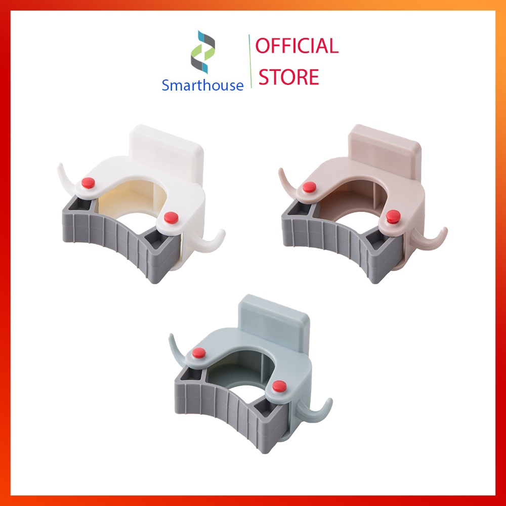 Móc dán tường kẹp giữ cây lau nhà, móc treo chổi màu ghi