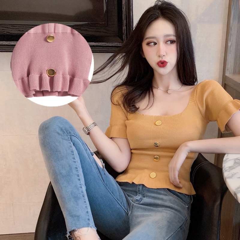 Áo Croptop Dệt Kim Cổ Vuông Tay Ngắn Có 4 Màu Thời Trang Cho Nữ