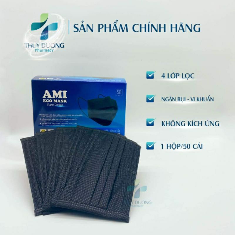 (Deal hot) Khẩu trang AMI 4 lớp màu đen hàng chính hãng hộp 50 chiếc