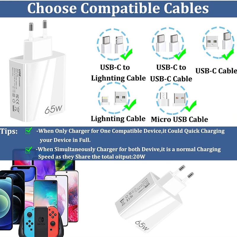 Đầu Sạc Nhanh USB Type C 65w Compatible For PD Cho Điện Thoại Máy Tính