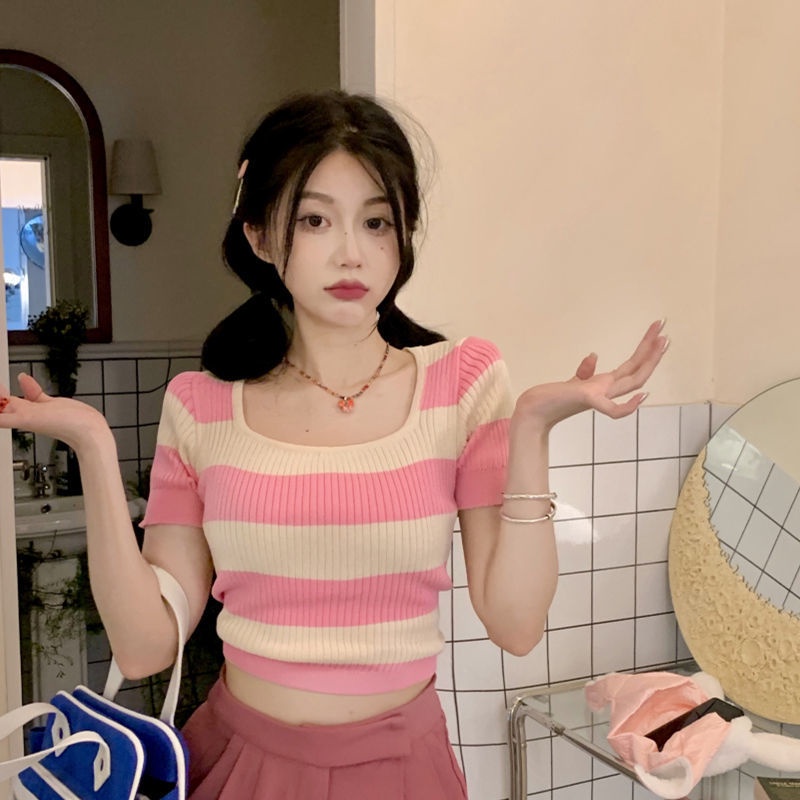 Jiashucheng Áo Thun Dệt Kim Ngắn Tay Cổ Vuông Họa Tiết Kẻ Sọc Thời Trang Mùa Hè Cho Nữ