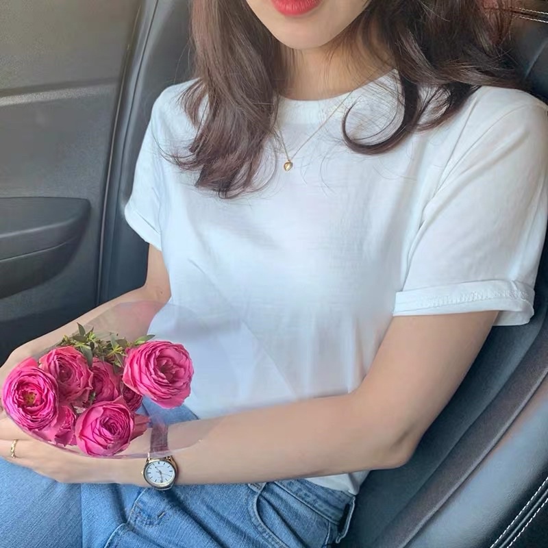 Hàn Quốc sang trọng mùa hè cổ tròn áo pull giản dị áo thun ngắn tay.