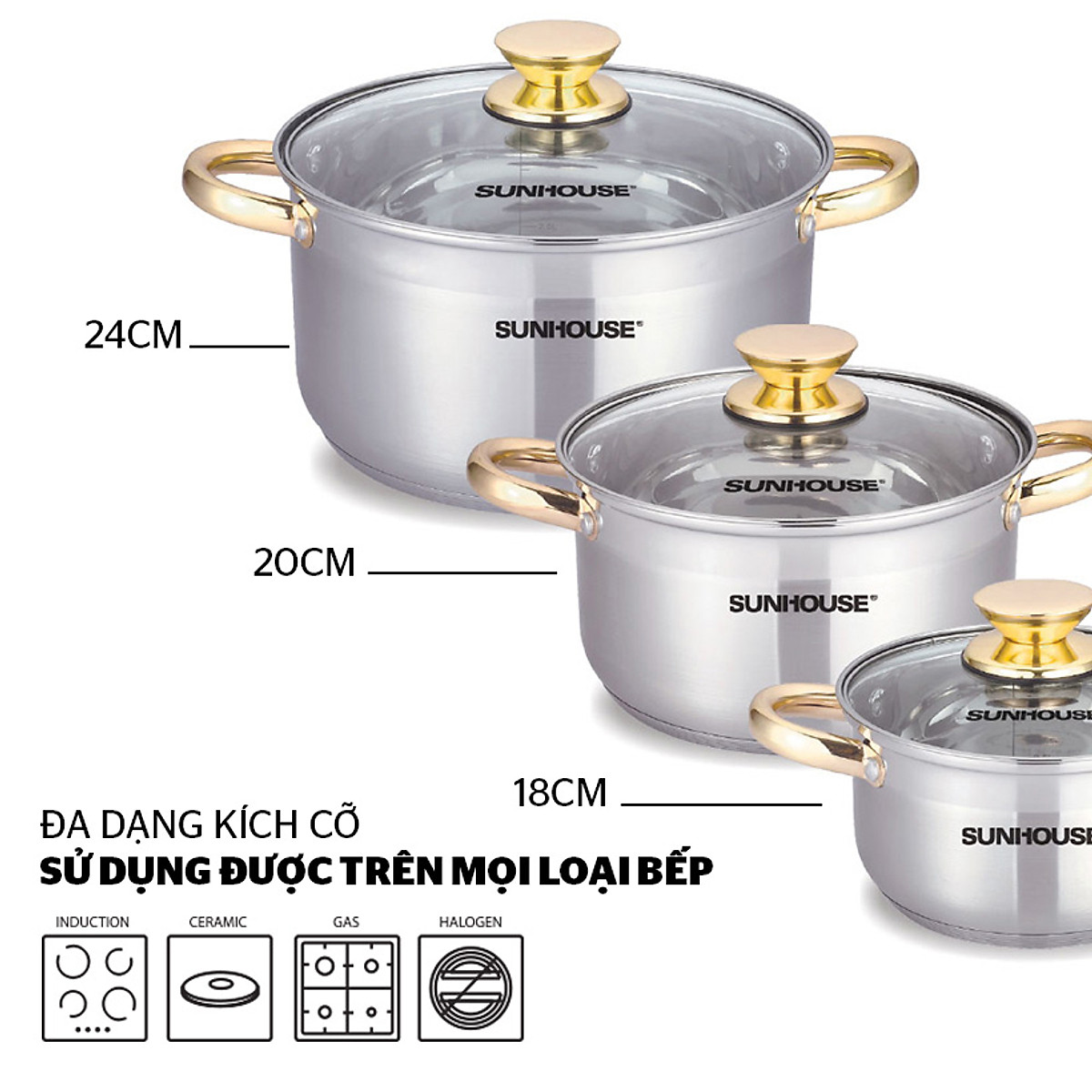 [CHÍNH HÃNG]Bộ nồi đáy từ inox 5 đáy Sunhouse SH781✔️ (16-20-24cm)✔️Bảo Hành 12 Tháng