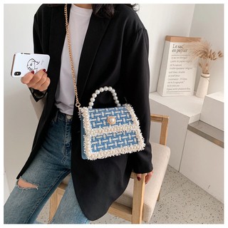 Túi xách nữ cầm tay đeo chéo vải tweed dây ngọc trắng (có hình thật)