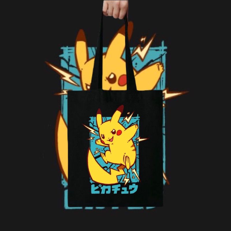 Túi TOTE Vải Canvas In Hình POKEMON Màu Đen Cho Nam Và Nữ