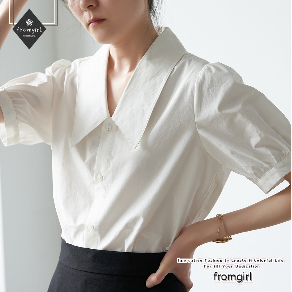 Áo Sơ Mi Tay Phồng Cổ Chữ V Màu Trơn Phong Cách Pháp Thời Trang Mới Cho Nữ