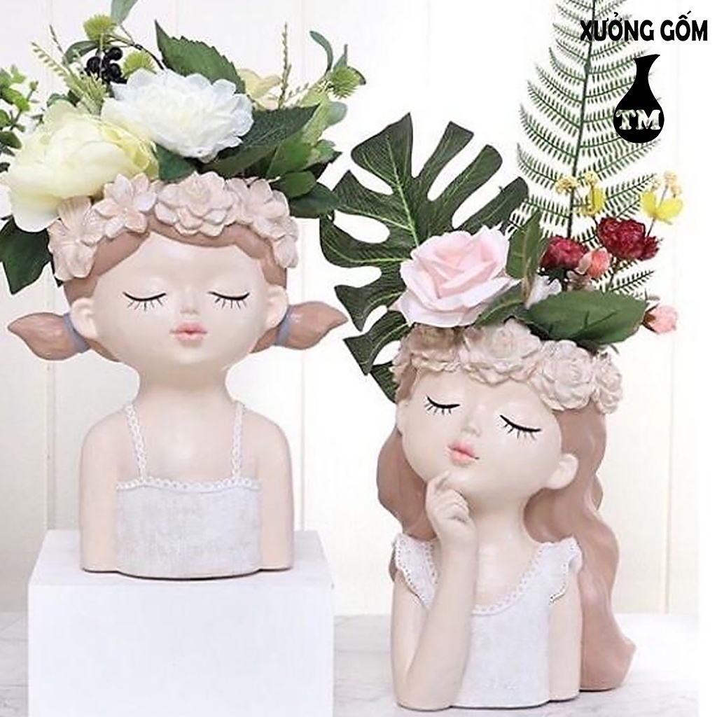Lọ cắm hoa cô gái thiên thần  Xưởng Gốm TM Bát Tràng - Bình hoa hình cô gái xinh xắn cắm hoa, trồng cây trên đầu