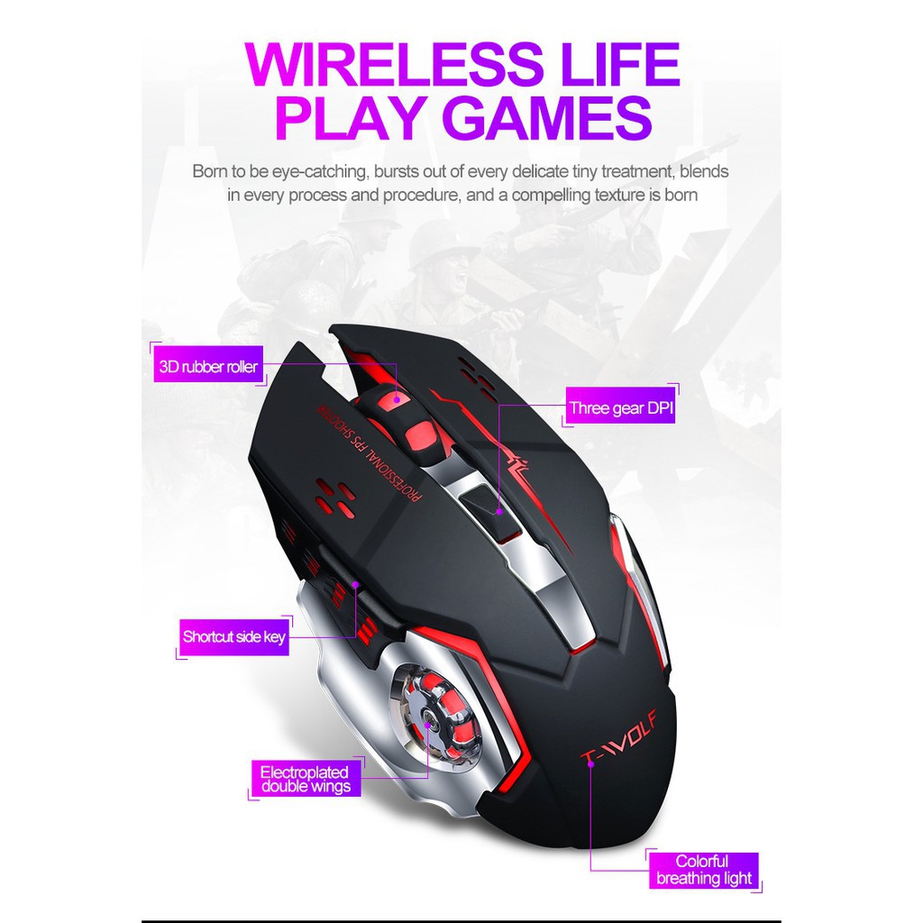 Chuột không dây gaming Led wireless T-Wolf X8 2.4GHz SIÊU NGẦU laptop Tự động đổi màu sắc chuột chơi game không dây