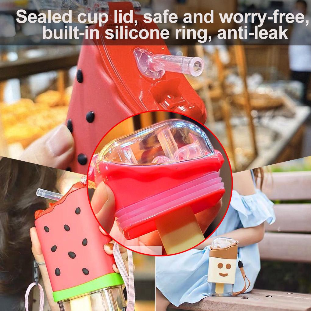 Bình Đựng Nước 300ml Bằng Silicon Hình Que Kem Hoạt Hình Chống Mất Kèm Ống Hút Chống Rò Rỉ Cho Trẻ Em