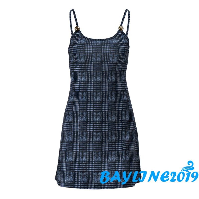 Đầm Hai Dây Mỏng Hở Lưng Họa Tiết Kẻ Sọc Bằng Kim Loại Đơn Giản Cho Nữ