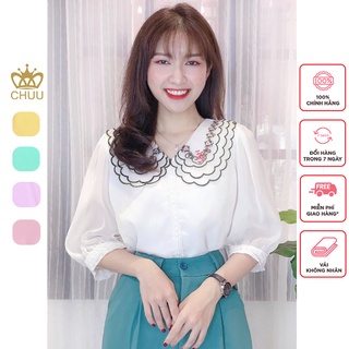 Áo sơ mi voan tơ cổ thêu tay phồng tiểu thư CHUU A6859