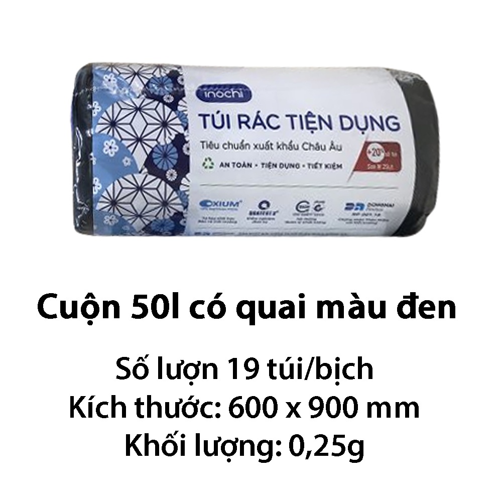 Túi đựng rác tự phân hủy 4 cuộn sinh học Inochi Có Quai Màu Đen Dài Hơn 20% 10L 25L 50L cho thùng rác