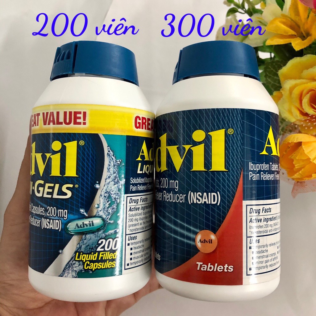 { SALE221 }  ❤️ [Date 2023] AD.VIL Ibuprofen Tablets 200mg Mỹ, Hộp 200 viên Gel Lỏng xanh n