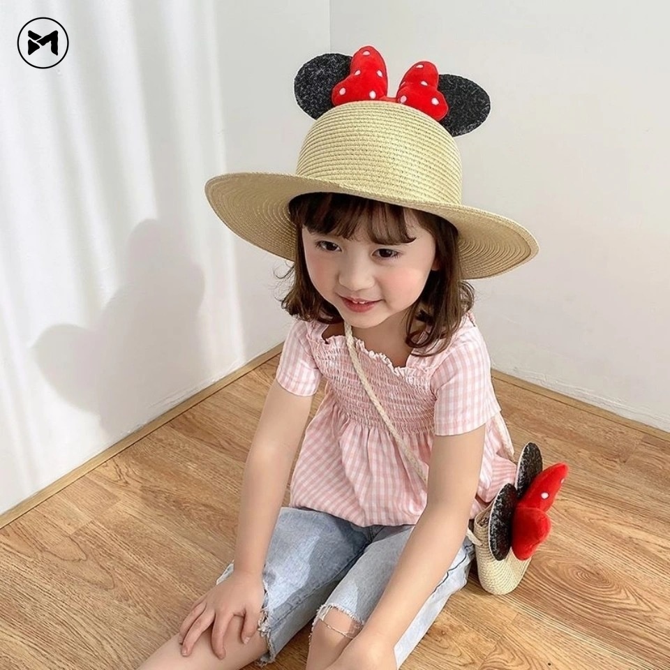 Mũ Cói Chống Nắng Đính Nơ In Họa Tiết Hoạt Hình Thời Trang Mùa Hè Cho Bé Gái