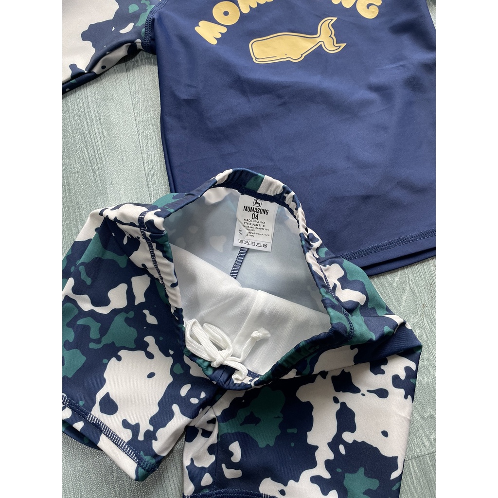 Bộ bơi bé trai dài tay xanh than rằn ri, hình cá voi, quần cộc rời, Momasong Korea