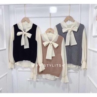 Set áo gile len sơ mi cổ nơ