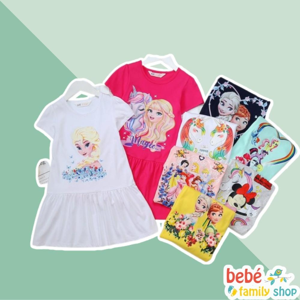 Váy đầm cho bé gái size Đại chất cotton mềm mịn trơn in hoạ tiết mickey, elsa, kỳ lân, công chúa - VHA