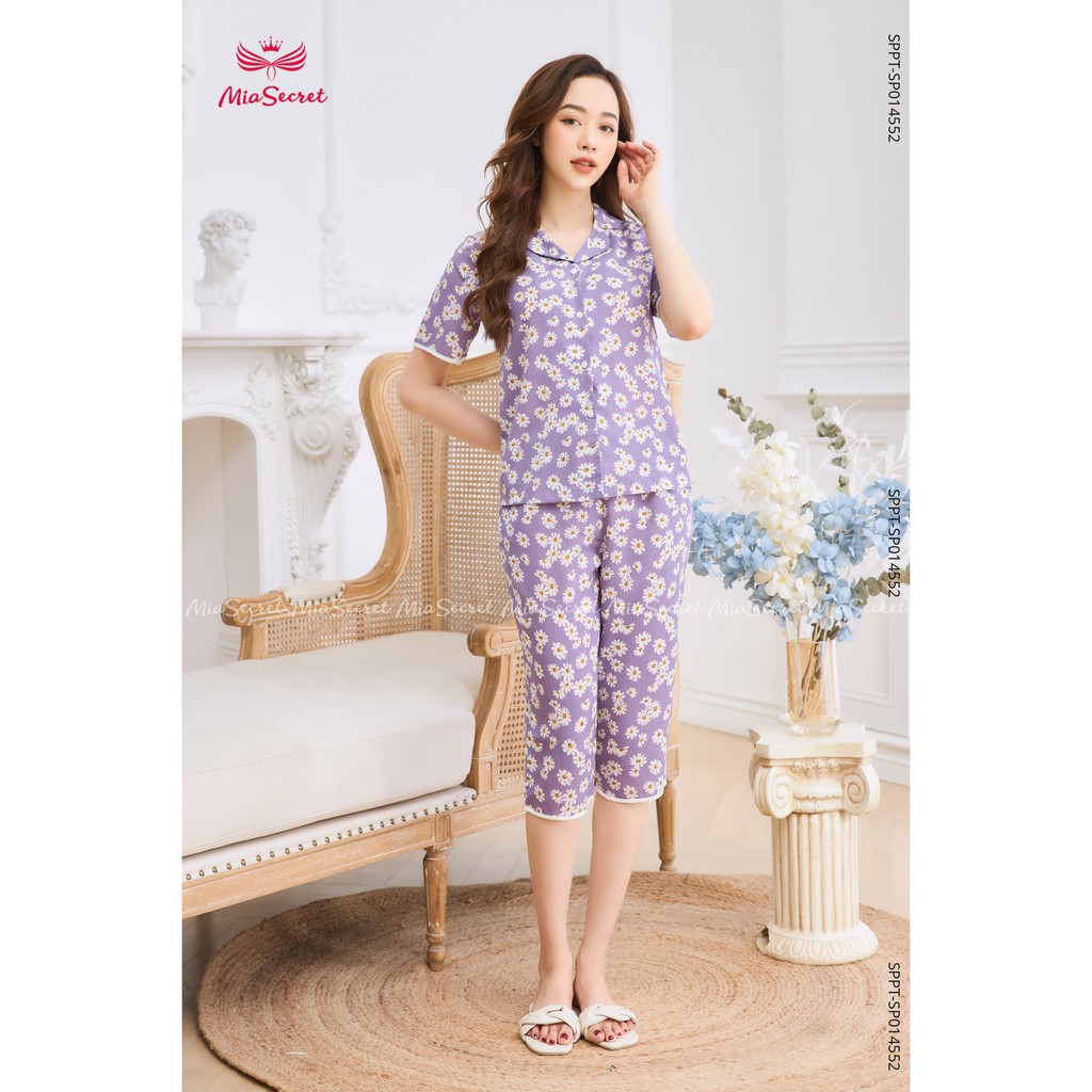 Bộ Đồ Ngủ Cúc Họa Mi Tím Phối Viền - Lửng