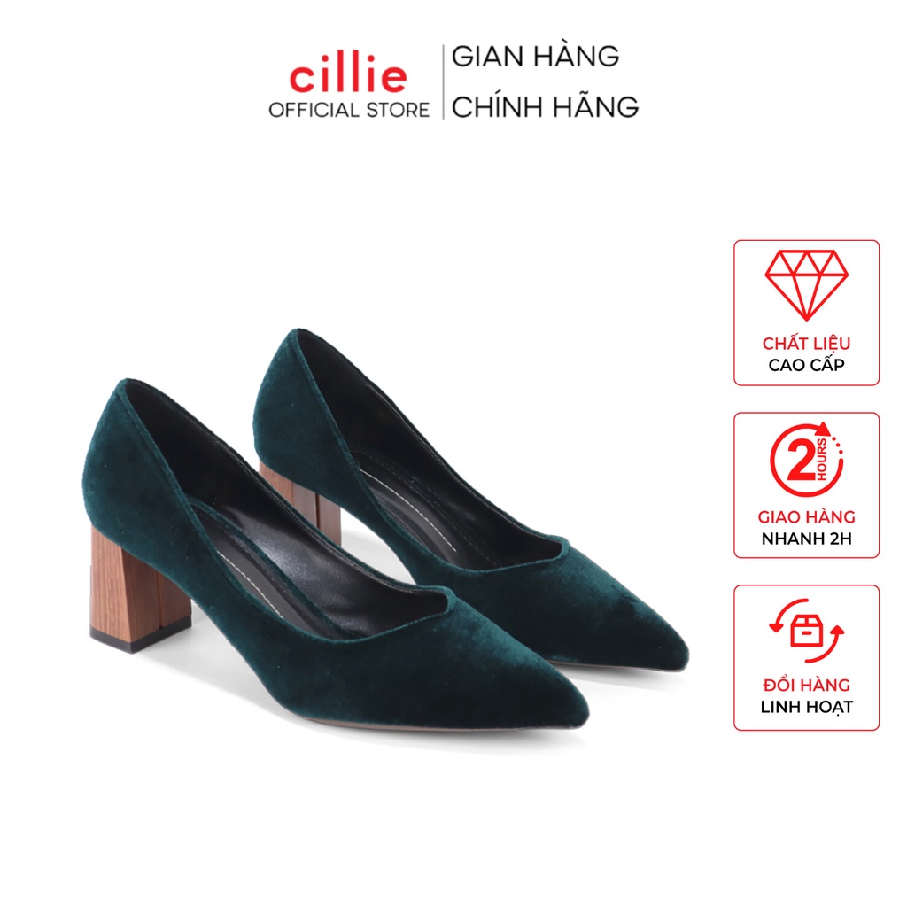 Giày cao gót nữ mũi nhọn thanh lịch phối nhung sang trọng gót trụ vân gỗ cao 7cm Cillie 1109