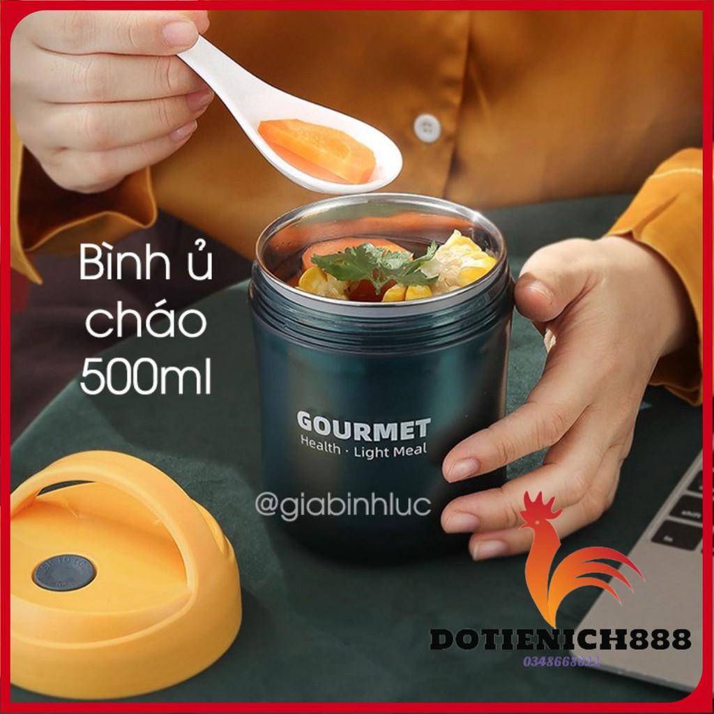 Bình ủ cháo GOURMET 500ml kèm muỗng, Hộp đựng thức ăn cho bé, đựng cơm văn phòng 2 lớp siêu tiên lợi