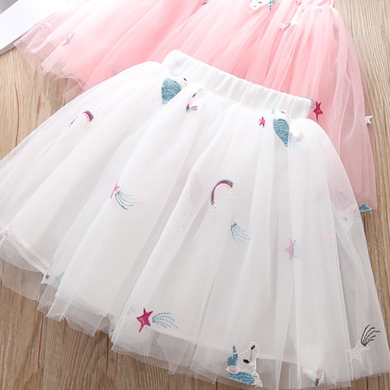 Set áo thun ngắn tay cổ tròn + chân váy lưới xòe đáng yêu cho bé gái