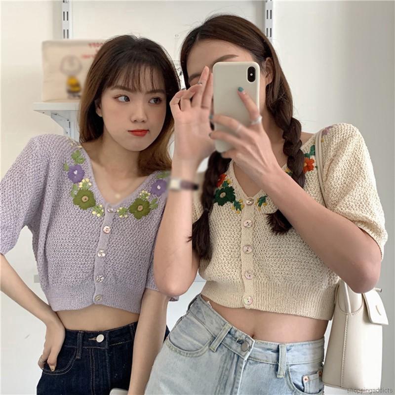 Áo Cardigan Dệt Kim Tay Ngắn Cổ Chữ V Hoạ Tiết Hoa Thêu Phong Cách Retro Cho Nữ
