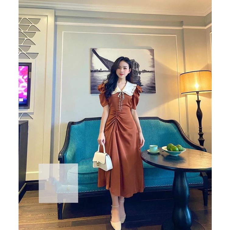 🍀 VÁY đầm maxi PHỐI CỔ sen bèo cổ nơ nhún eo xếp ly dáng dài tay bồng sang chảnh tiểu thư công sở du lịch