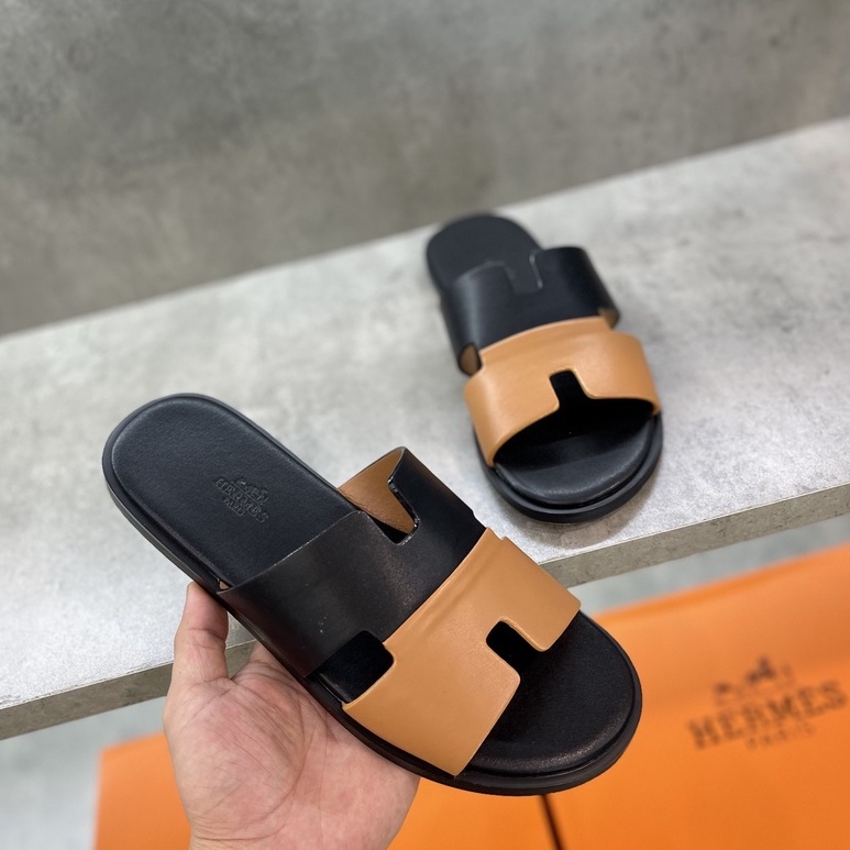 Dép lê quai ngang Hermes 2 màu taiga đế gỗ da thật LA fullbox