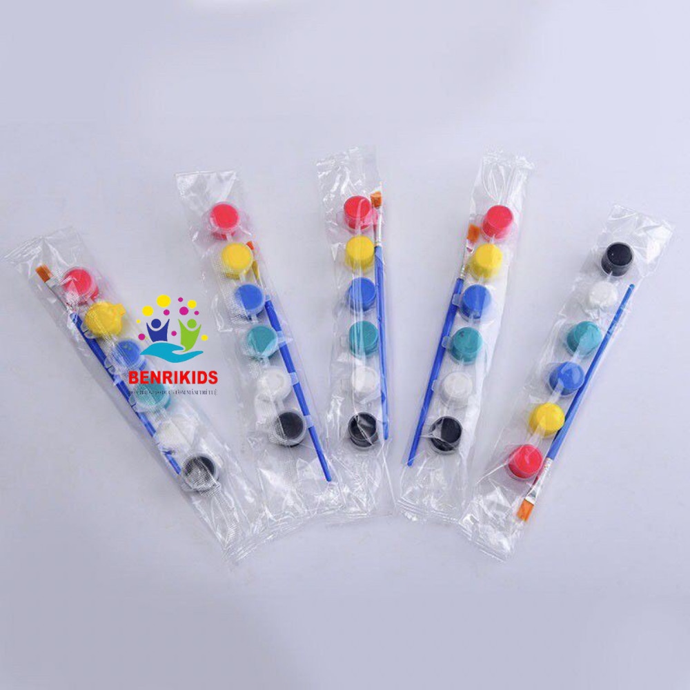 Sét 6 Màu Sơn Kèm Cọ Tô Màu, Màu Acrynic Dùng Để Pha, Tô Khủng Long Gỗ Chưa Sơn Của Đồ Chơi Gỗ