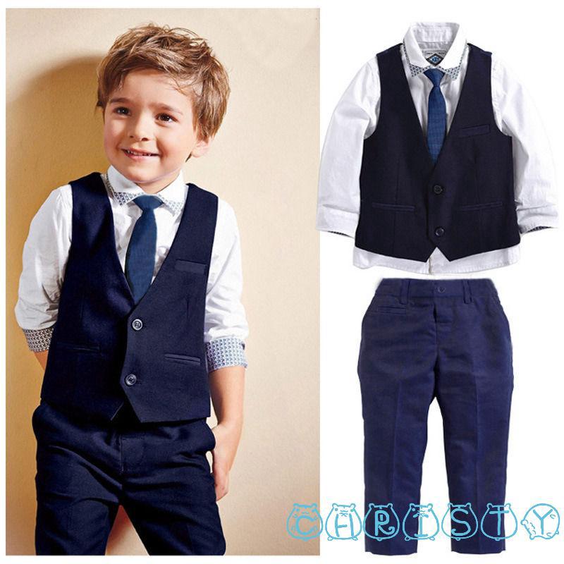 Bộ quần áo sơ mi + cà vạt + áo ghi lê dành cho bé trai