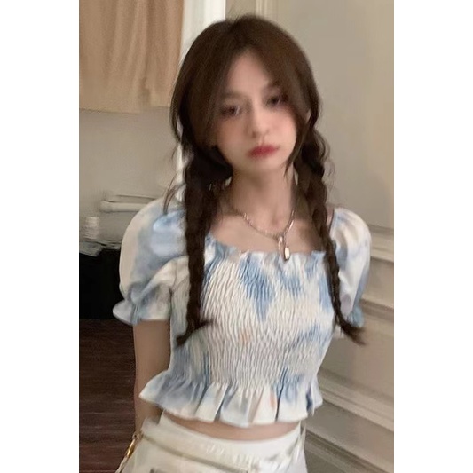 Áo Croptop Tay Phồng In Họa Tiết Hoa Phong Cách Pháp Cổ Điển Thời Trang Mùa Hè Cho Nữ