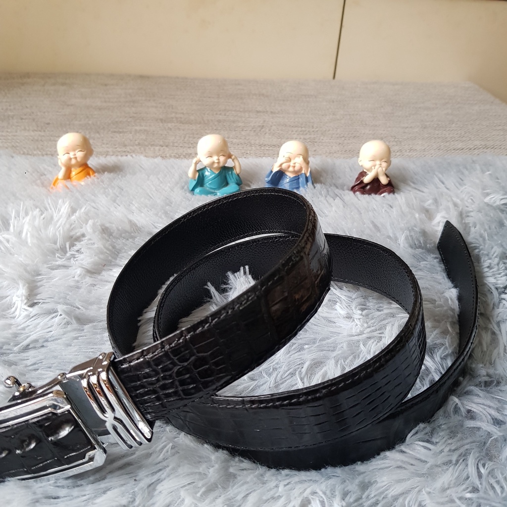 Dây Lưng Cá Sấu Khâu Mép I Dây Cá Sấu Bụng Bản 3,5cm I Liền Nguyên Con Không Nối I Màu Đen I Bảo Hành 24 Tháng